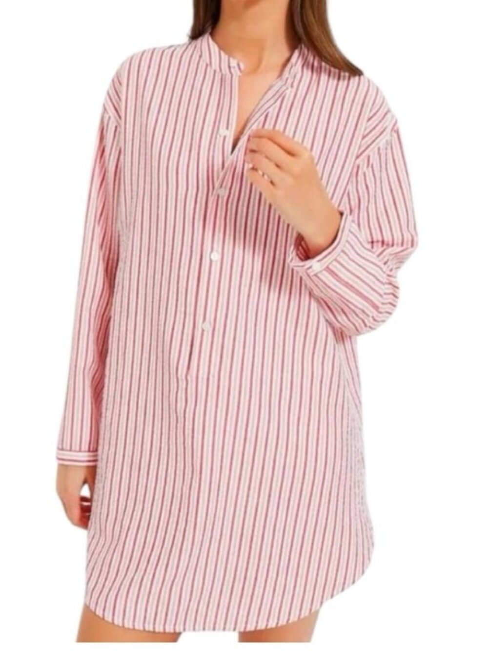Tuckernuck Beach Seersucker Strawberry Stripe Long Sleeve Shirt Mini Dress XS
